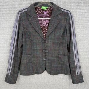 Industry Plaid Blazer Jacket Women M Gray Rainbow Stripe Sleeve Office Preppy‎